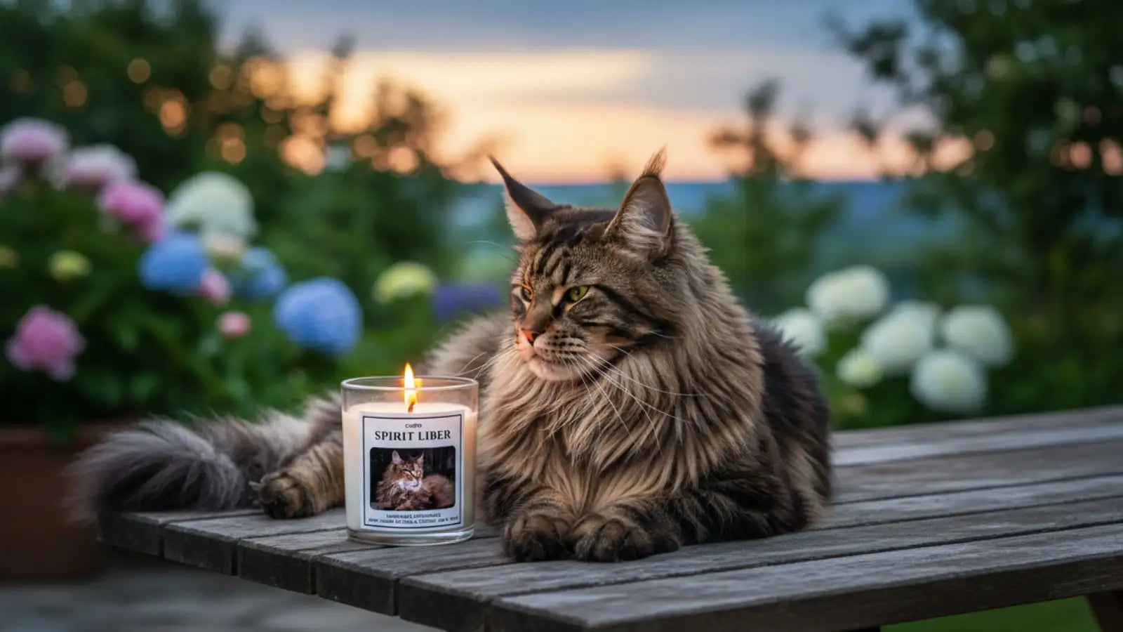 Lumânare parfumată naturală Cleito „Spirit Liber" cu pisică Maine Coon, așezată pe o masa rustică în lumină caldă de ambianță, înconjurată de elemente naturale. Ceară de soia și cocos, 150g, turnată manual în România. 