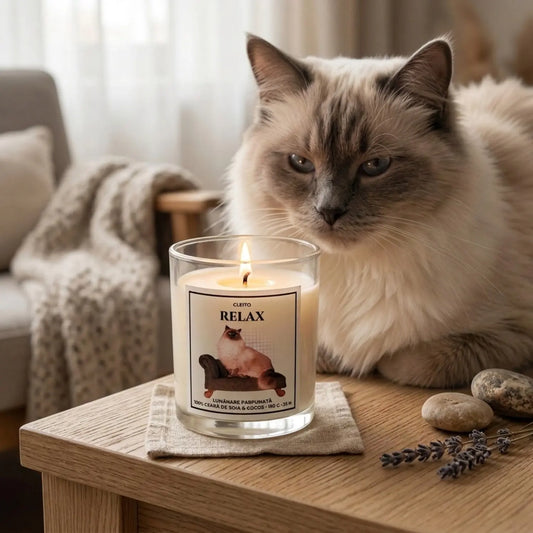 Lumânare artizanală Cleito „Relax” într-un recipient minimalist de sticlă pe o masa. Eticheta prezintă o ilustrație detaliată a pisicii Ragdoll, sub mesajul „RELAX”. O pisică Ragdoll grandioasă, cu ochi albaștri, stă în fundal, subliniind stilul premium al colecției.