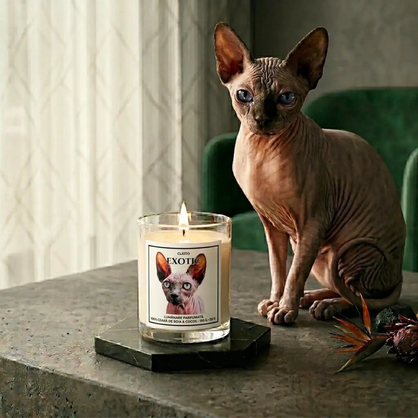Plan apropiat cu o lumânare parfumată naturală într-un recipient minimalist de sticlă, pe un fundal sofisticat. O pisică Sphynx grandioasă, cu ochi albaștri, stă ca un gardian lângă lumânarea Cleito, creând o atmosferă mistică și elegantă. Eticheta albă minimalistă afișează portretul pisicii și textul „EXOTIC”, subliniind calitatea premium.