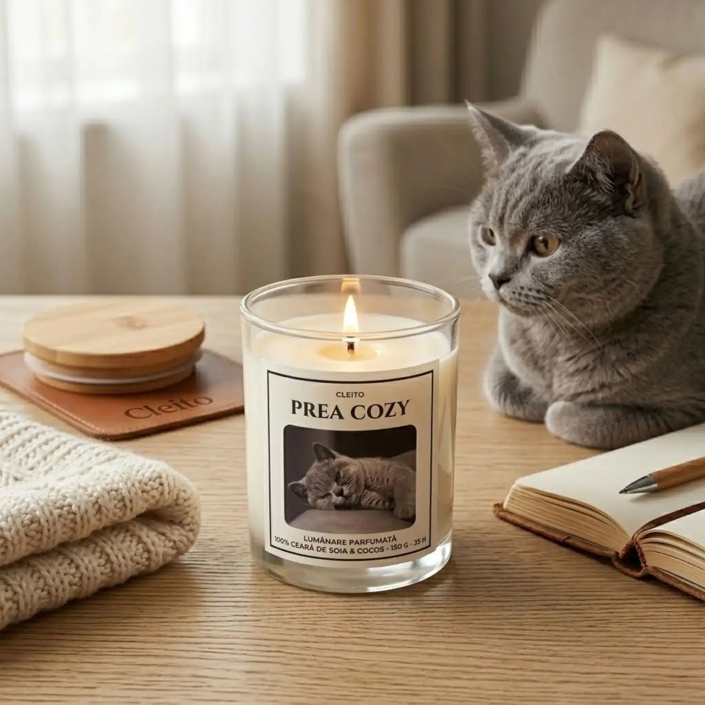 Lumanare parfumata Cleito Prea Cozy aprinsa, langa o pisica British Shorthair gri, pe o masa de lemn. Recipient de sticla de 150g cu capac de bambus si eticheta minimalista.