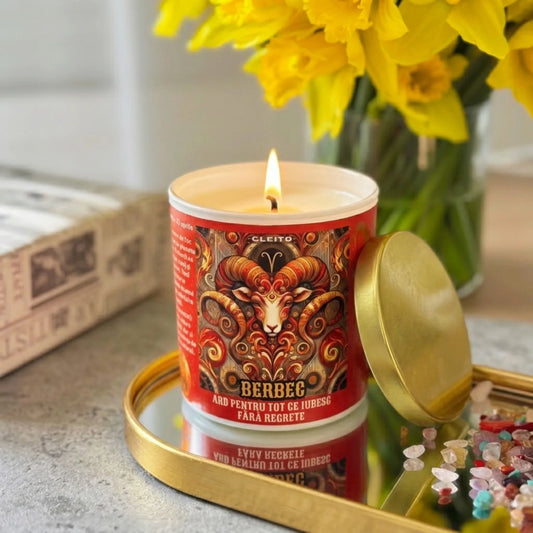 Lumânare parfumată Cleito Zodia Berbec aprinsă, cu flacără vie, plasată într-un decor cu flori, pe o tavita cu oglinda. Etichetă roșie detaliată cu ilustrație de berbec și textul „Ard pentru tot ce iubesc fără regrete”. Atmosferă placuta.