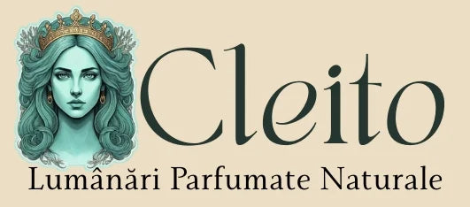 Logo pe un fundal crem, cu chipul Cleito si text Lumananari Parfumate Naturale.