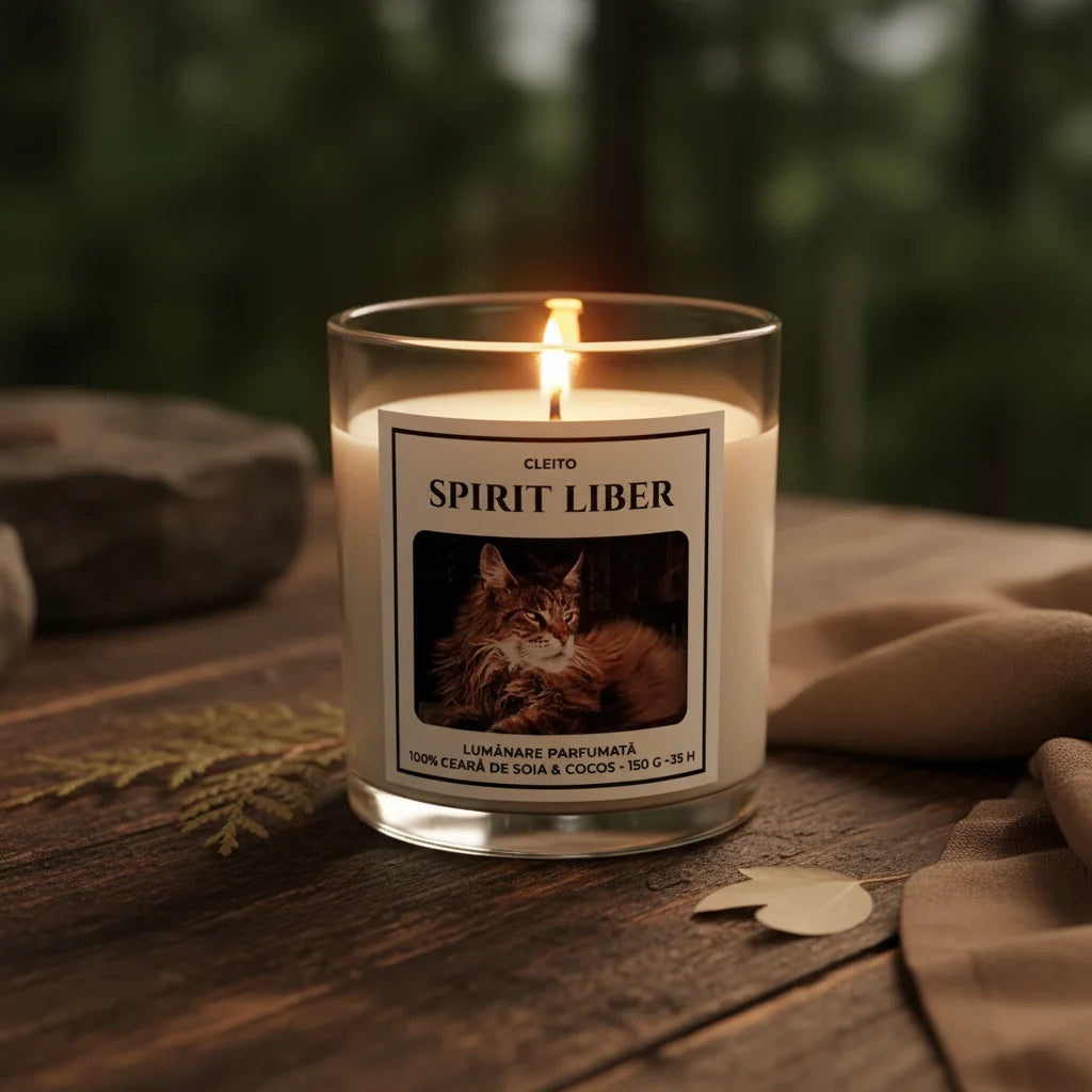 Lumânare parfumată naturală Cleito „Spirit Liber" cu pisică Maine Coon, așezată pe o suprafață rustică în lumină caldă de ambianță, înconjurată de elemente naturale. Ceară de soia și cocos, 150g, turnată manual în România.